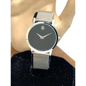 Movado Women's Watch 0607220 Black Dial Swiss Quartz 28mm Silver Mesh Steel